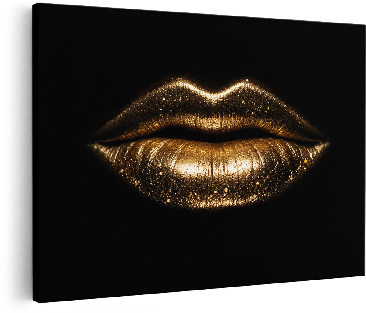 Artaza Canvas Schilderij Gouden Lippen Op Zwarte Achtergrond - 180x120 cm - Groot - Wanddecoratie Woonkamer - Schilderijen - Muurdecoratie