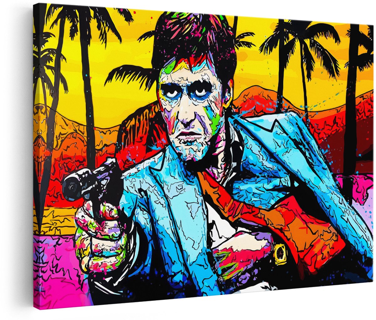 Artaza Canvas Schilderij Scarface - 180x120 cm - Groot - Tony Montana Wanddecoratie - Pop Art Muurdecoratie Portret - Kleurrijk Schilderijen Op Canvas