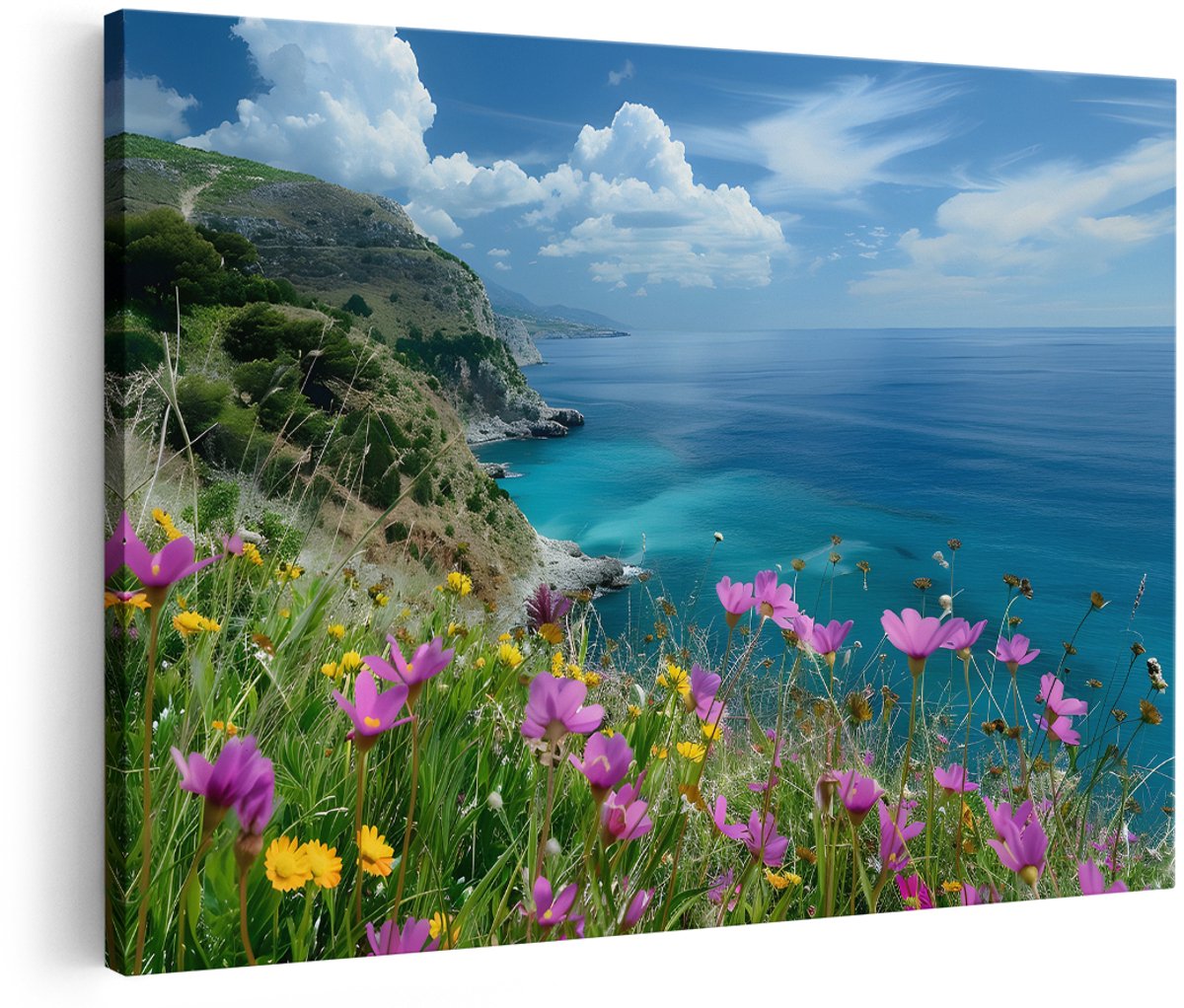 Artaza Canvas Schilderij Kustlandschap - 180x120 cm - Groot - Wanddecoratie Middellandse Zee - Muurdecoratie Bloemen - Decoratie Natuur - Azuurblauw
