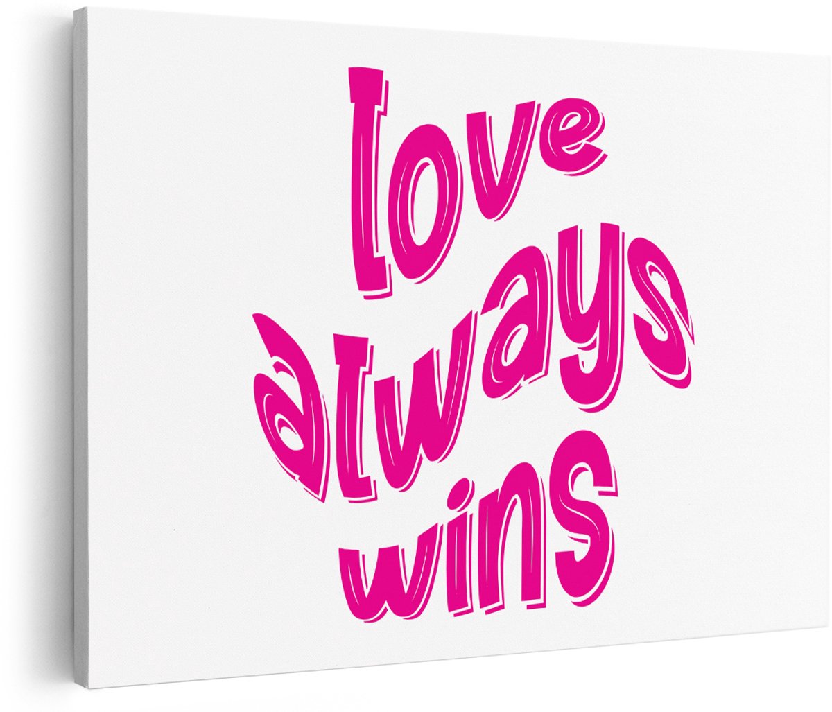 Artaza Canvas Schilderij Tekst Love Always Wins - 180x120 cm - Groot - Wanddecoratie Liefde - Muurdecoratie Roze - Schilderij Quote Woonkamer