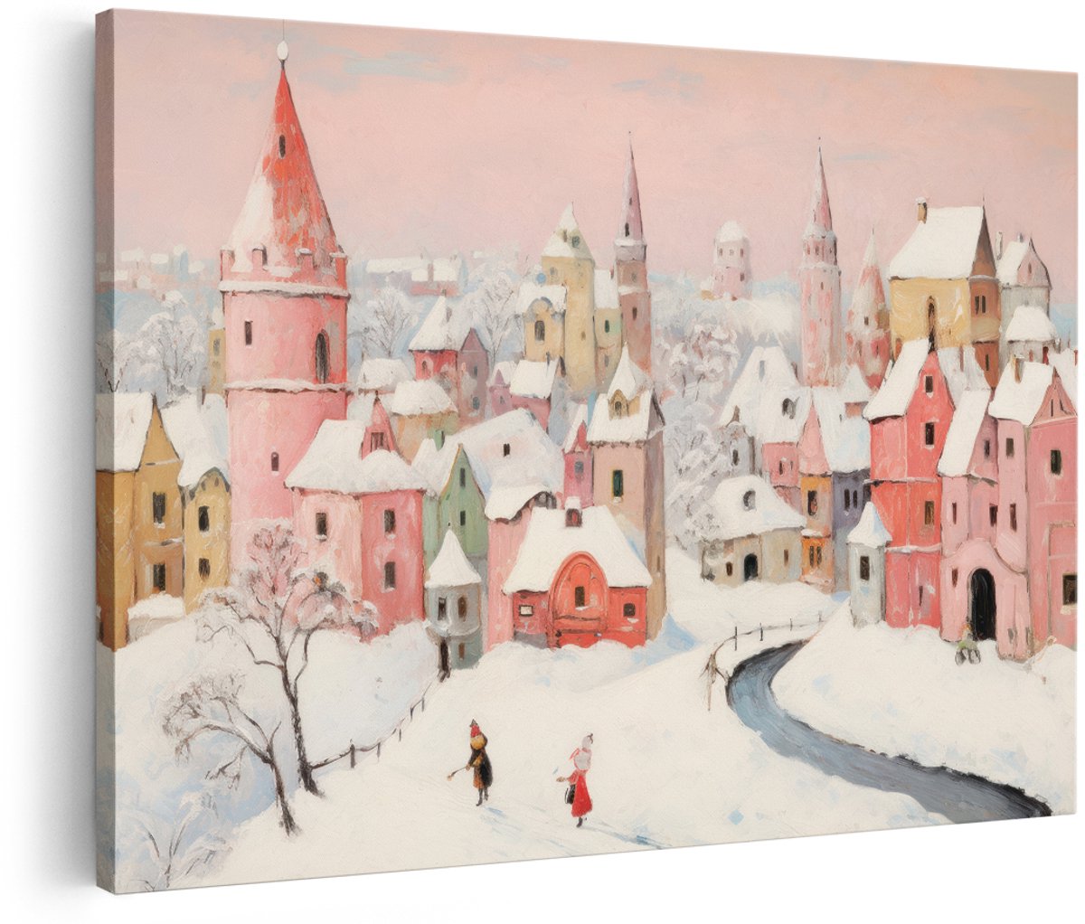 Artaza Canvas Schilderij Winterlandschap - 180x120 cm - Groot - Wanddecoratie Besneeuwd Dorp - Muurdecoratie Roze Huizen - Decoratie Woonkamer