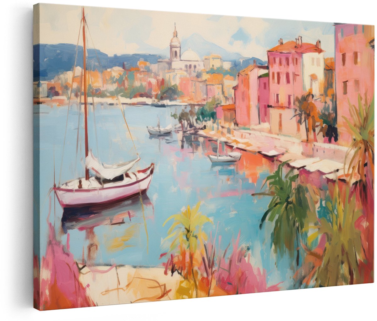Artaza Canvas Schilderij Mediterrane Haven - 180x120 cm - Groot - Wanddecoratie Zeilboten - Muurdecoratie Landschap - Decoratie Kleurrijk Kustdorp