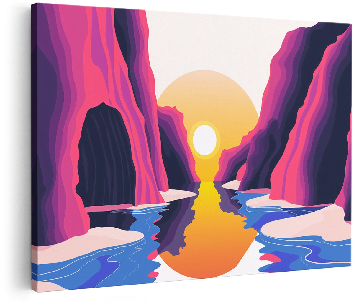 Artaza Canvas Schilderij Abstract Berglandschap - 180x120 cm - Groot - Wanddecoratie Zonsondergang - Muurdecoratie Natuur - Decoratie Roze