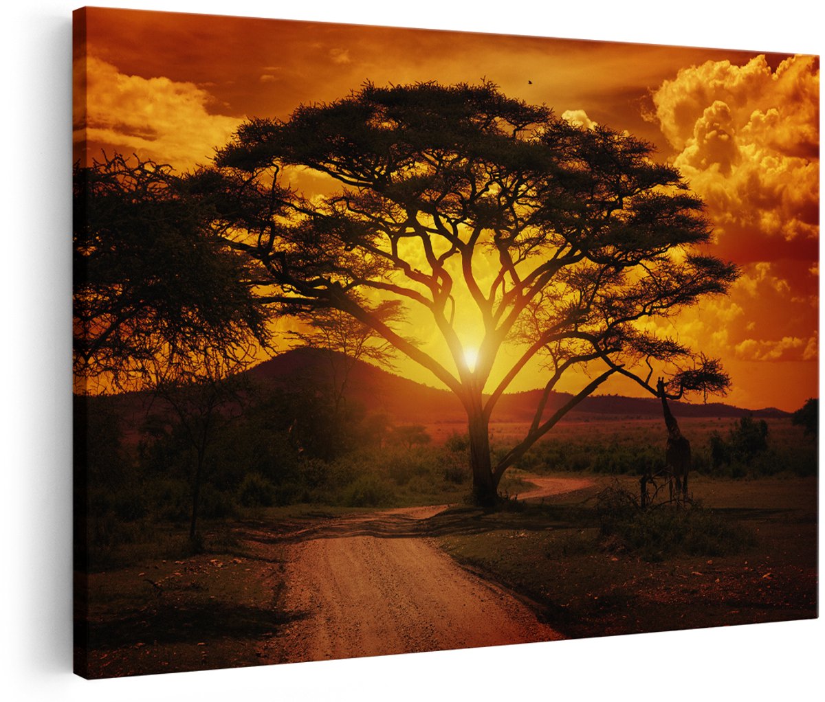 Artaza Canvas Schilderij Zonsondergang Achter Een Savanne Boom - 180x120 cm - Groot - Foto Op Canvas - Wanddecoratie Woonkamer