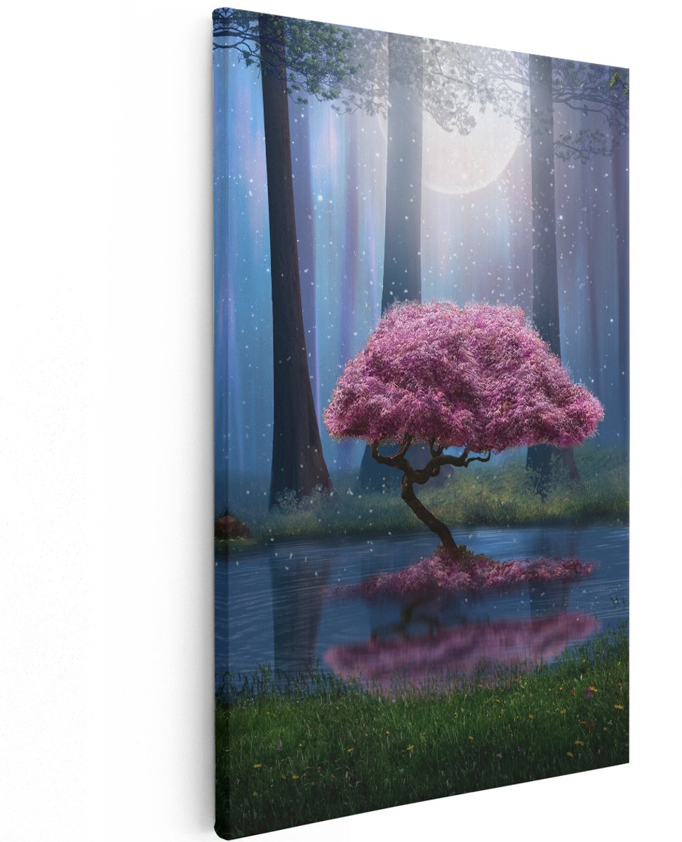 Artaza Canvas Schilderij Roze Boom Op Een Vijver In De Nacht - 120x180 cm - Groot - Wanddecoratie Woonkamer - Schilderijen - Muurdecoratie