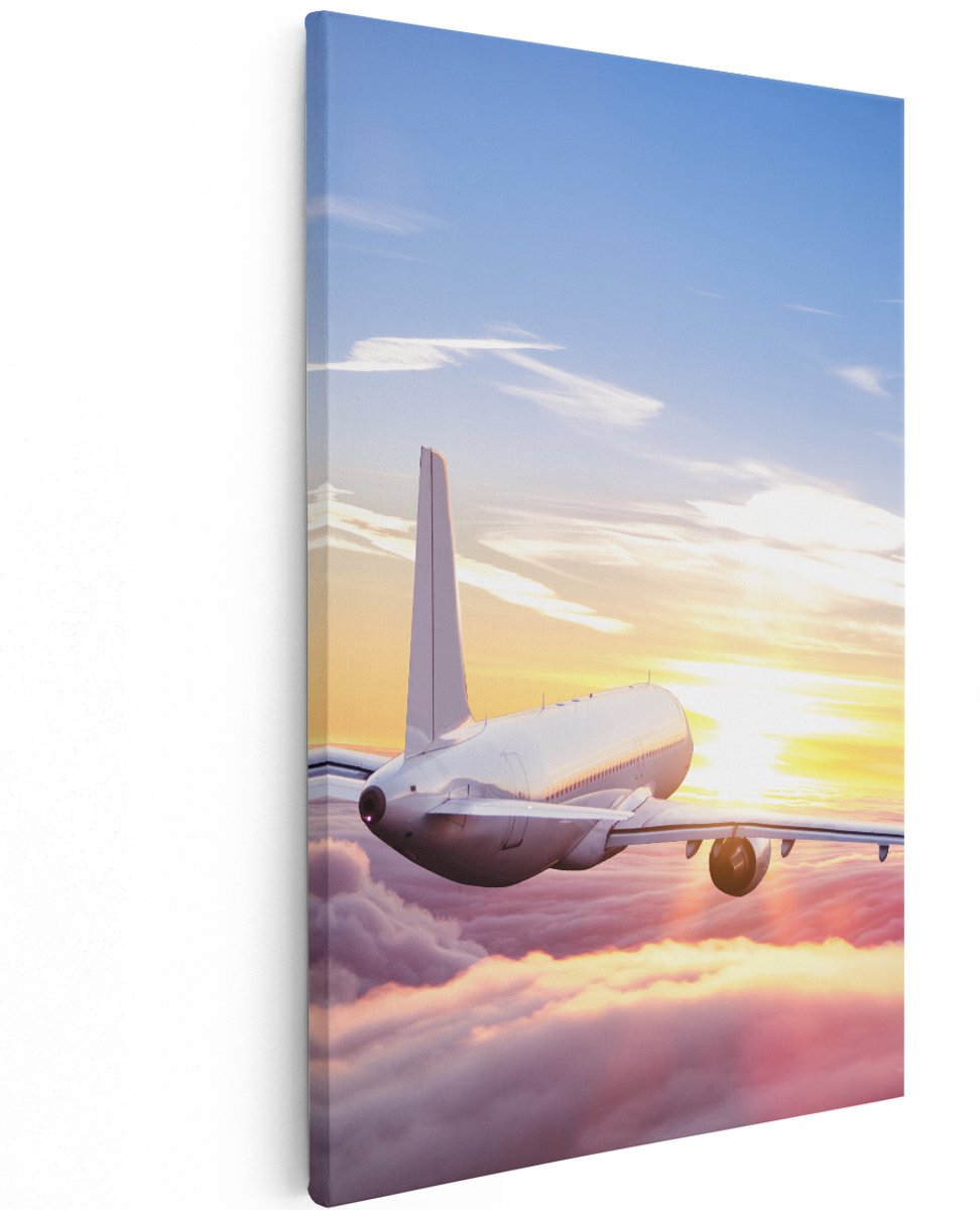 Artaza Canvas Schilderij Vliegtuig In De Wolken Bij Zonsondergang - 120x180 cm - Groot - Wanddecoratie Woonkamer - Schilderijen - Muurdecoratie