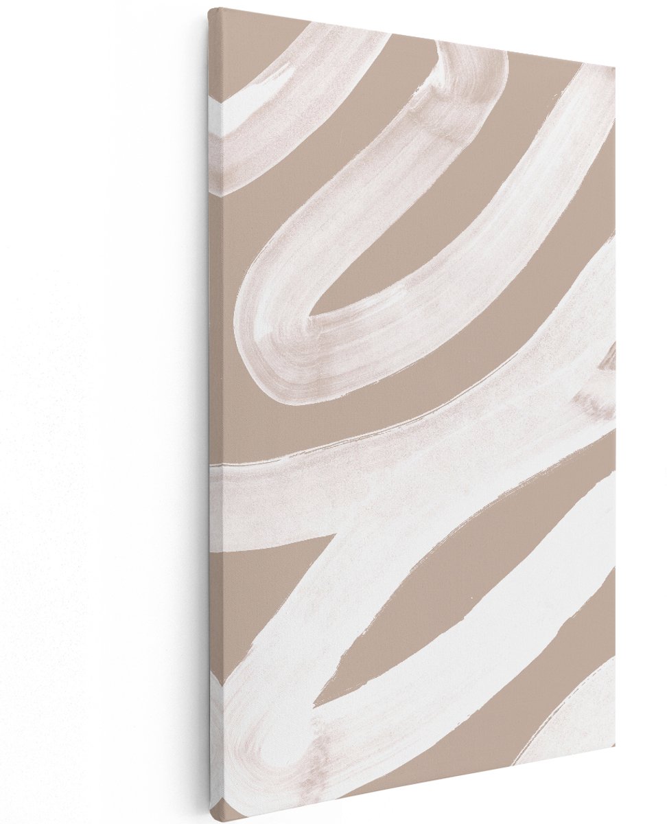 Artaza Canvas Schilderij Abstracte Kunst - Witte Strepen op Beige - 120x180 cm - Groot - Wanddecoratie Woonkamer - Schilderijen - Muurdecoratie