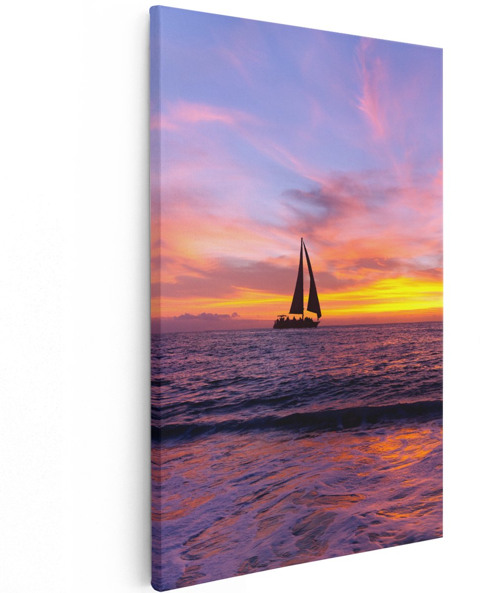 Artaza Canvas Schilderij Zeilboot Silhouet bij Zonsondergang - 120x180 cm - Groot - Wanddecoratie Woonkamer - Schilderijen - Muurdecoratie