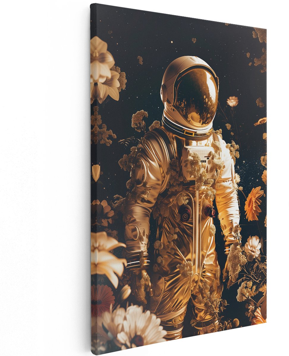 Artaza Canvas Schilderij Astronaut in de Ruimte met Bloemen - Bloemen - 120x180 cm - Groot - Wanddecoratie Woonkamer - Schilderijen - Muurdecoratie