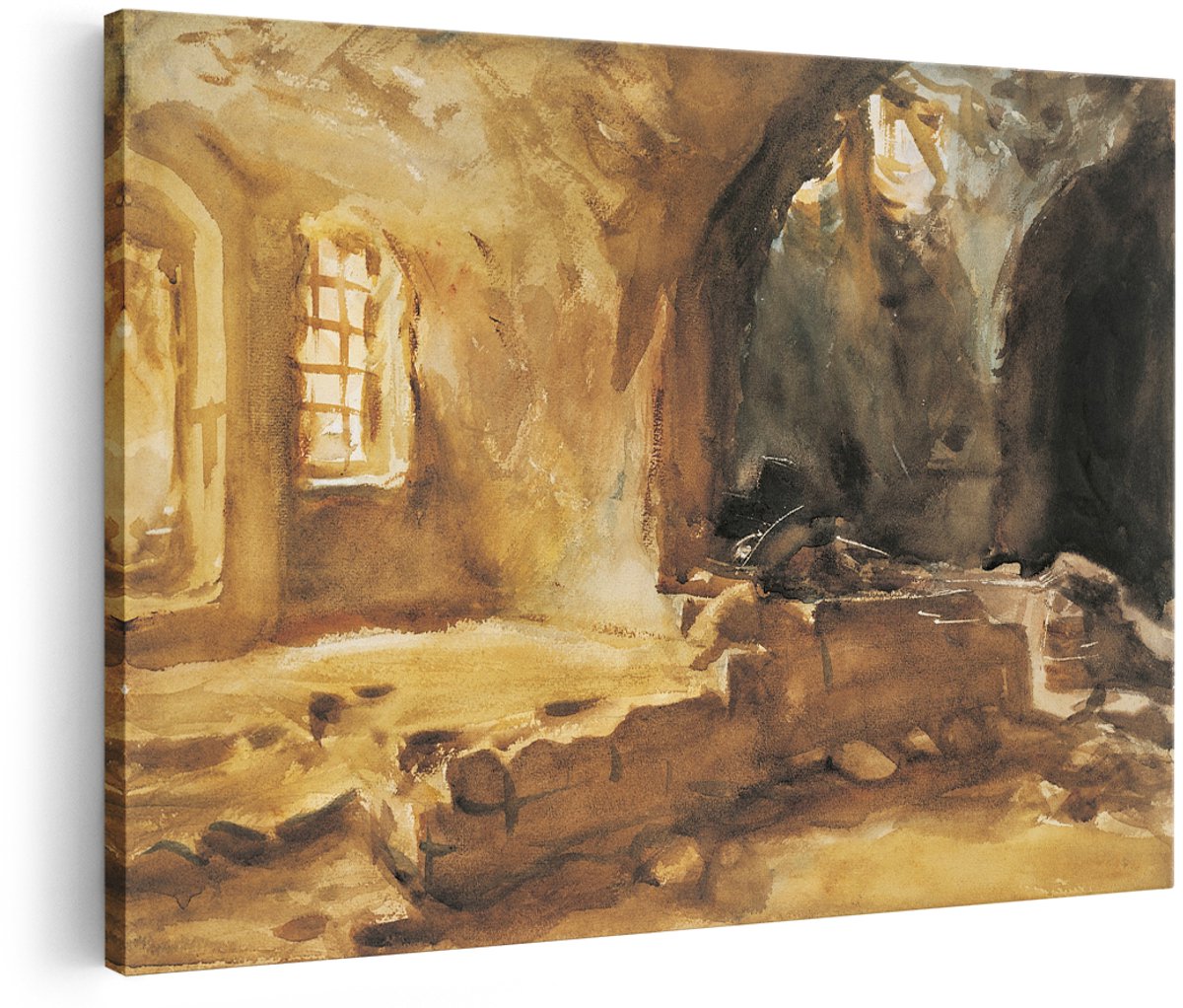 Artaza Canvas Schilderij Oude Kelder - 150x100 cm - Groot - Wanddecoratie Vintage Aquarel - Muurdecoratie Brocante - Decoratie Raam Met Tralies - Bruin