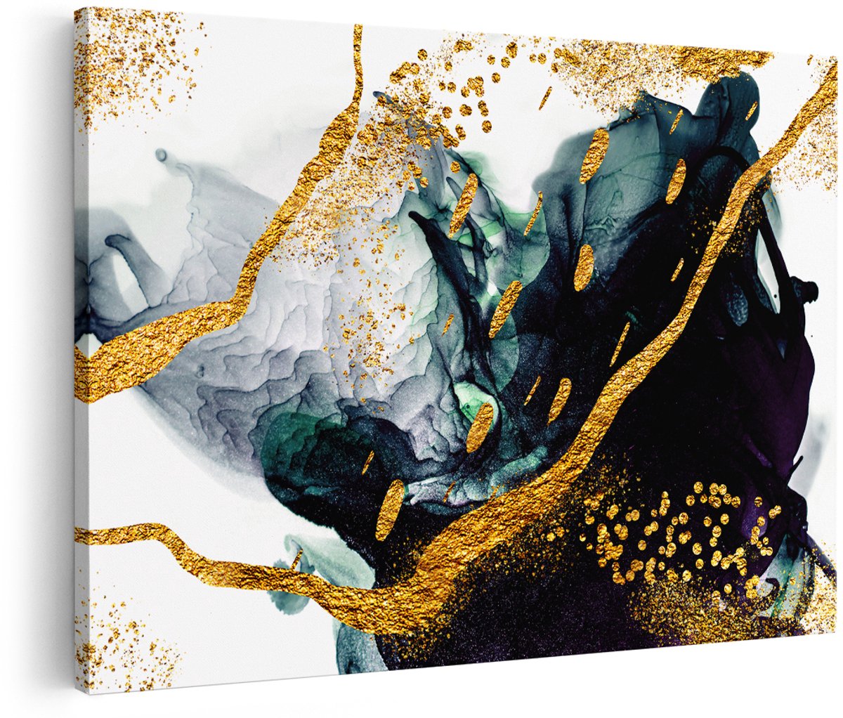 Artaza Canvas Schilderij Abstracte Kunst - Zwart Wit met Gouden Strepen - 150x100 cm - Groot - Foto Op Canvas - Wanddecoratie