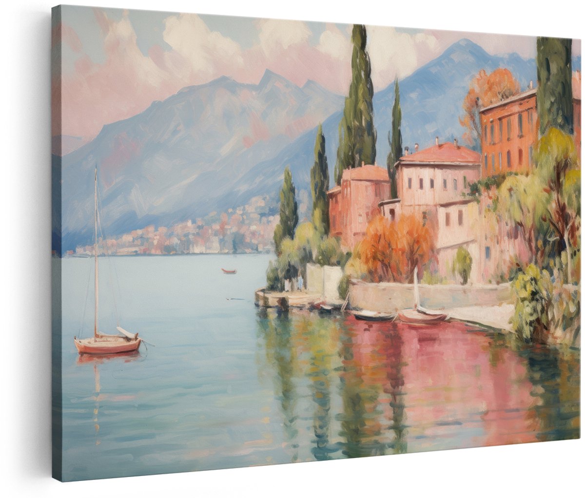 Artaza Canvas Schilderij Italiaans Dorp - 150x100 cm - Groot - Wanddecoratie Landschap - Muurdecoratie Bergen - Decoratie Zeilboot Meer