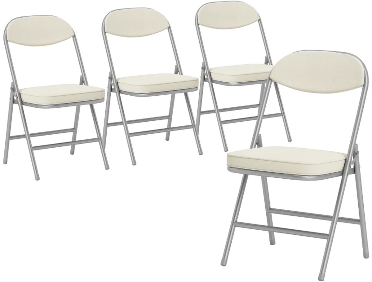 Eetkamerstoel - Set Van 4 - Gewatteerde Klapstoelen - Opvouwbaar - Corduroy Bekleding - Rugleuning - Metalen Frame - Crèmewit