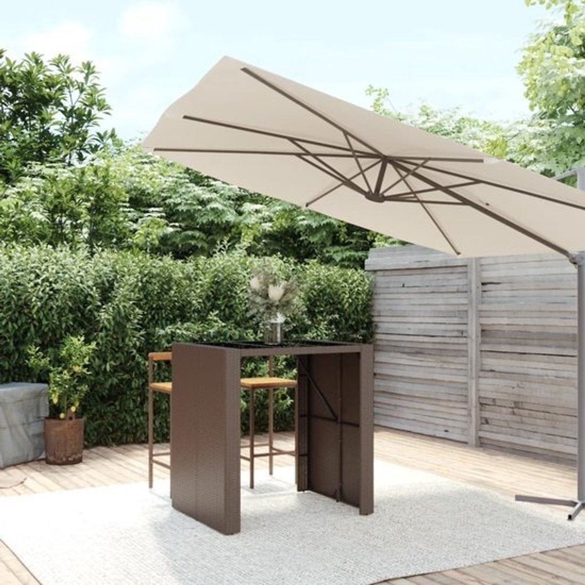 Bartafel met glasplaat - Hoge tafel buiten - Terras dineren - Weerbestendig polyrotan - 110 cm hoog - Bruin