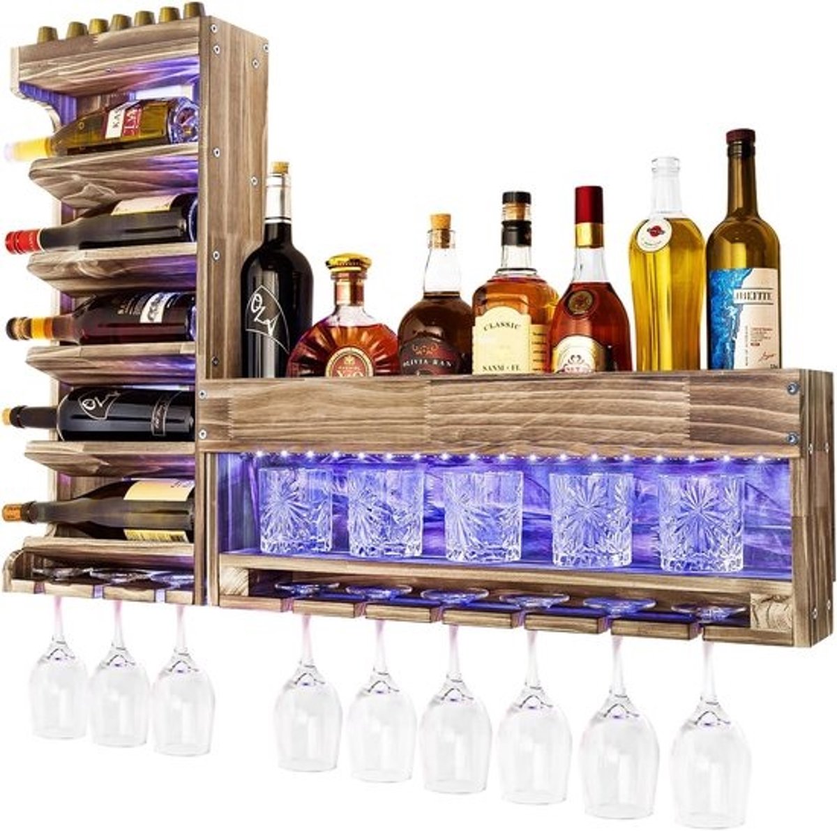 Wijnrek met LED - Wandbar Kurkhouder - Thuisbar Inrichten - Gevlamd Hout Design - 96x66x13cm - Eiken