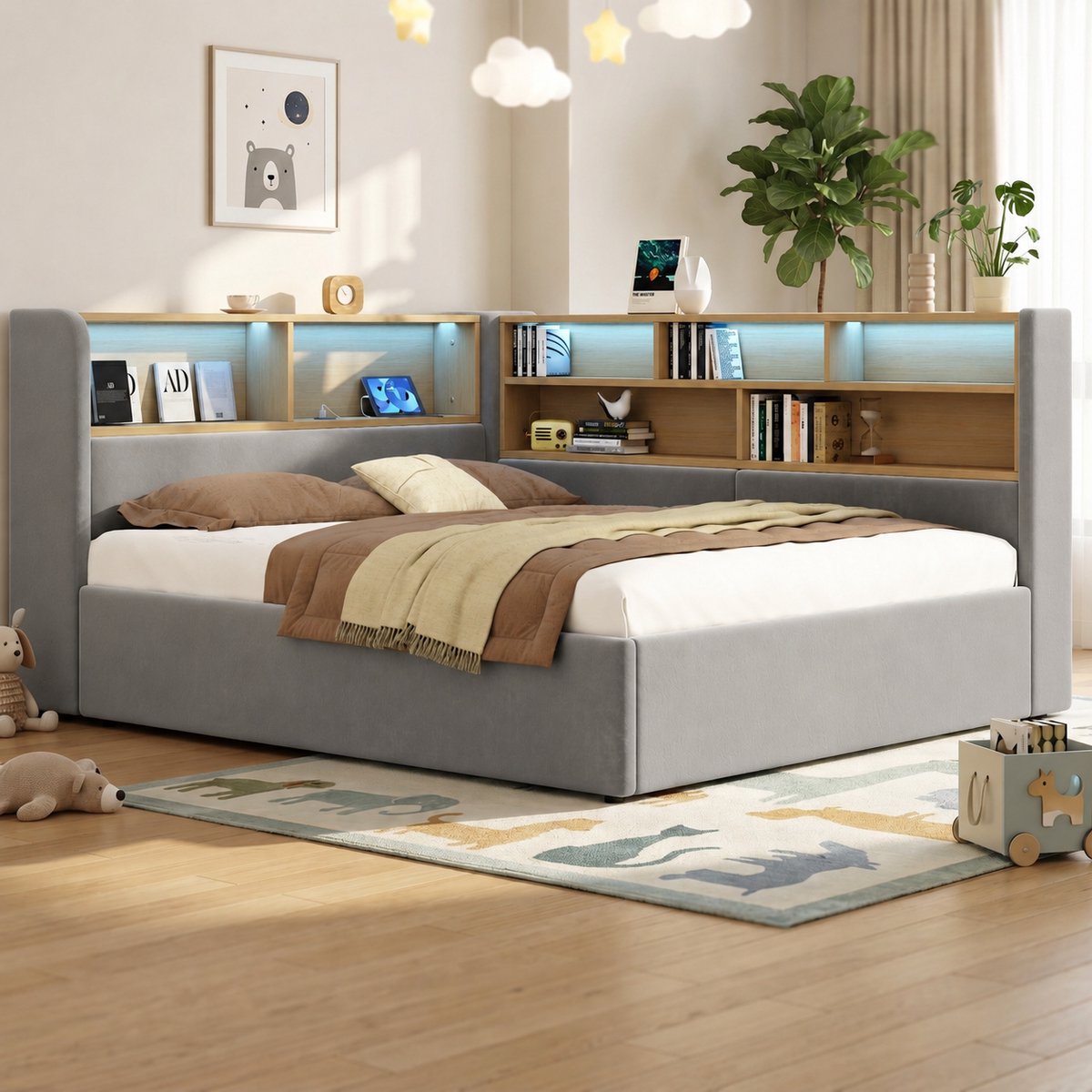 MODENUIT Bedbank 140x190 cm - Hydraulische Opbergruimte - Kinderkamer - Fluweel - Grijs