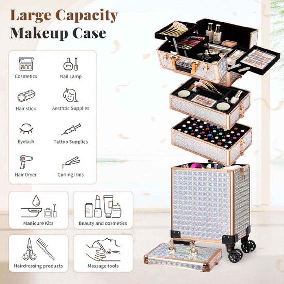 Grote Make-upkoffer op Wielen Verrijdbare Trolley voor Make-up en Nagelspullen