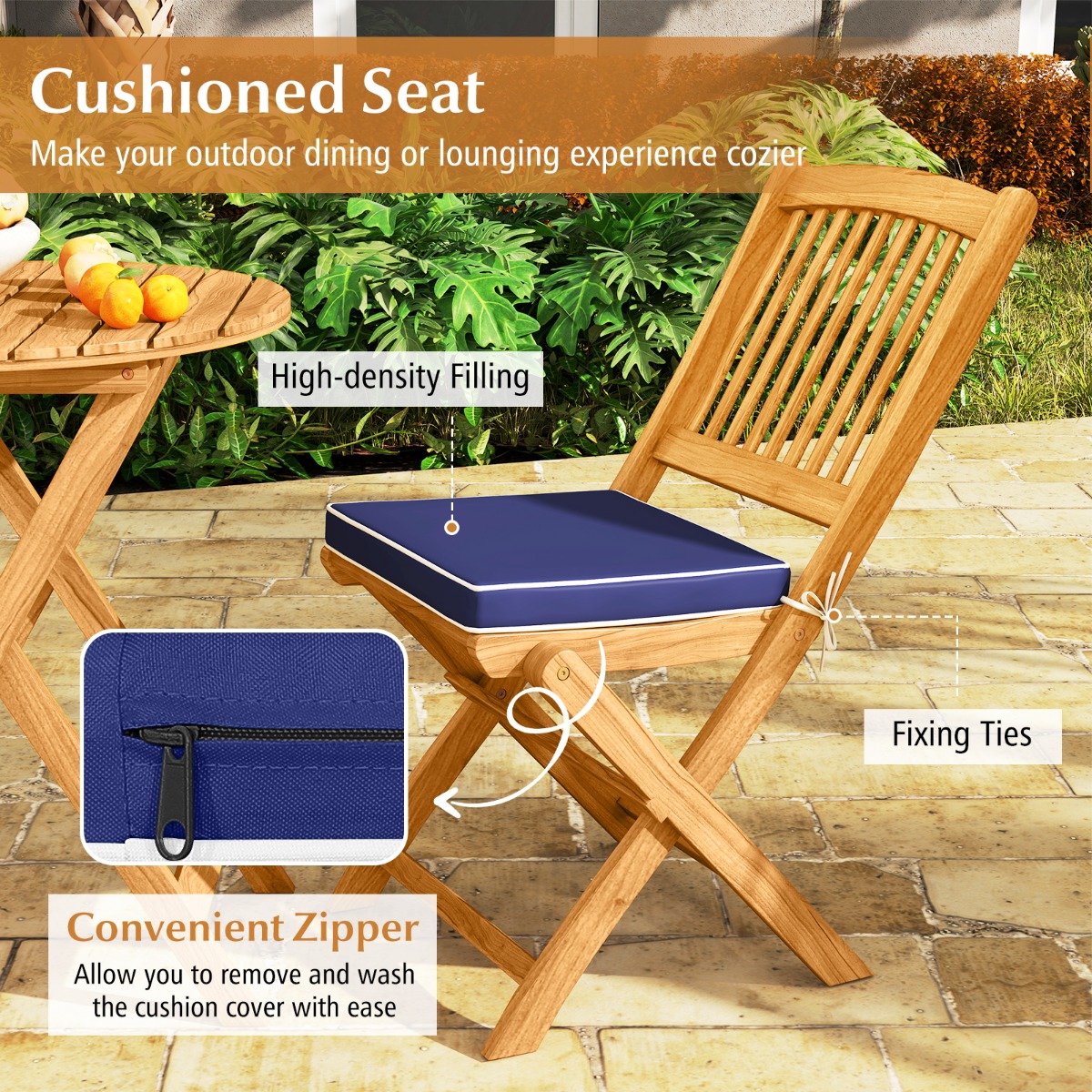 SureDeal® - Tuinmeubel - 3-delige Opklapbare Bistroset - Kussens Buitenterrasmeubelset - Tafel - Stoelen - 47x60x85,5 cm - Natuurlijk hout