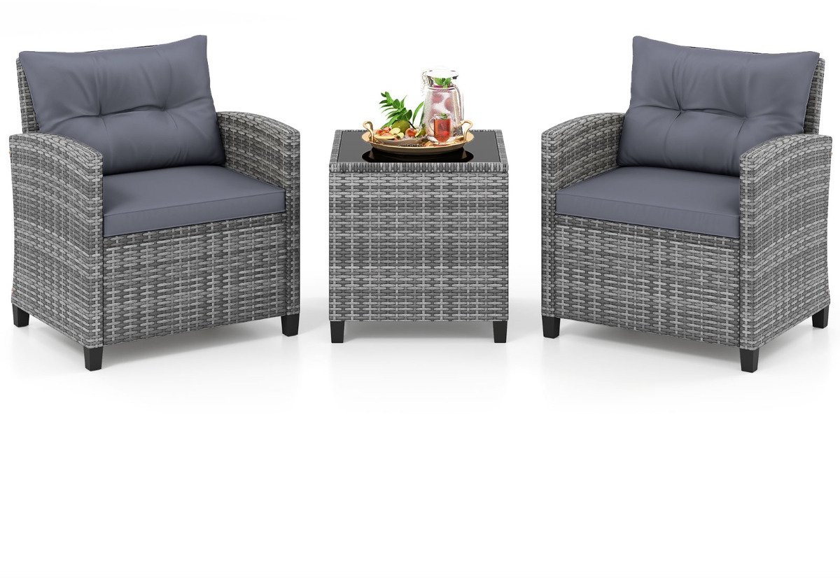 SureDeal® - Tuinset - Rattan Tuinmeubelset 3-delig - Stoelen - Tafel - Veiligheidsglas Tafelblad - 67x64x77 cm - Grijs