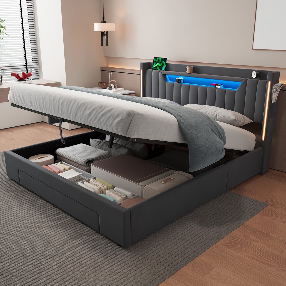 OKWISH Tweepersoonsbed – 160 x 200 cm – Met Ledverlichting En Opberglades – Fluweel, Hout En Metaal – Donkergrijs – Met Verstelbaar Hoofdbord