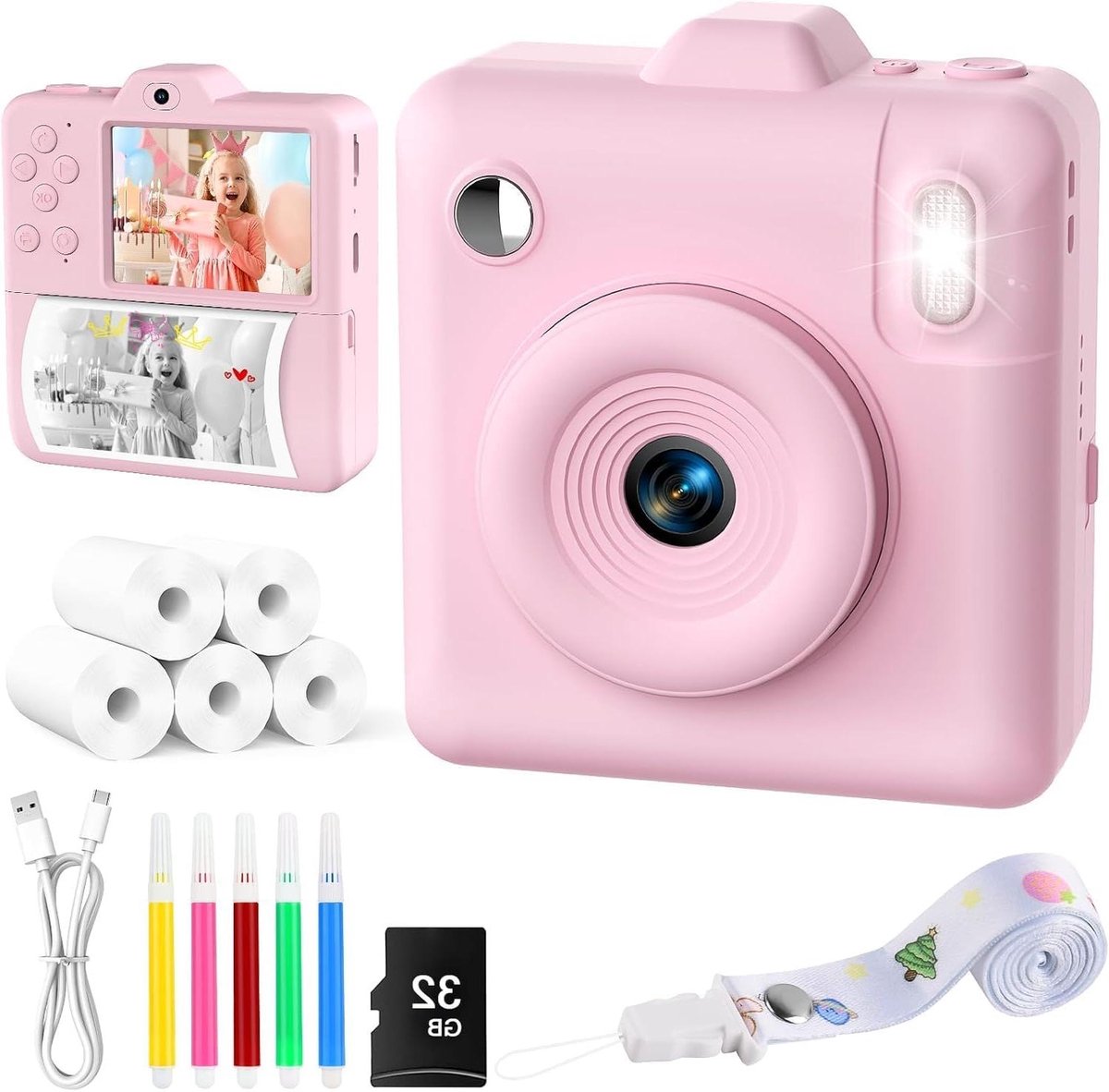 Kinder Camera - Direct Print Camera - Momenten Vastleggen - Direct Printen Zonder Inkt - 32GB Kaart - Roze