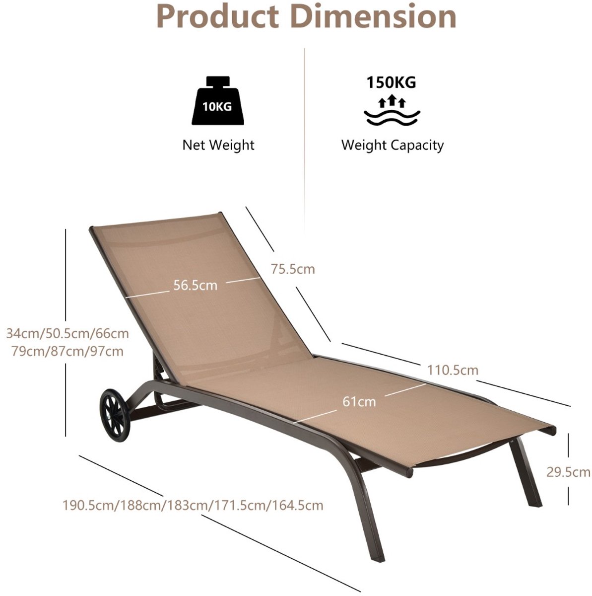 SureDeal® - Ligbed - Zonneligstoel - Wieltjes Ligstoel - Verstelbare Rugleuning - Sneldrogende Stof Relaxstoel - 190,5x188x183 cm - Koffiebruin