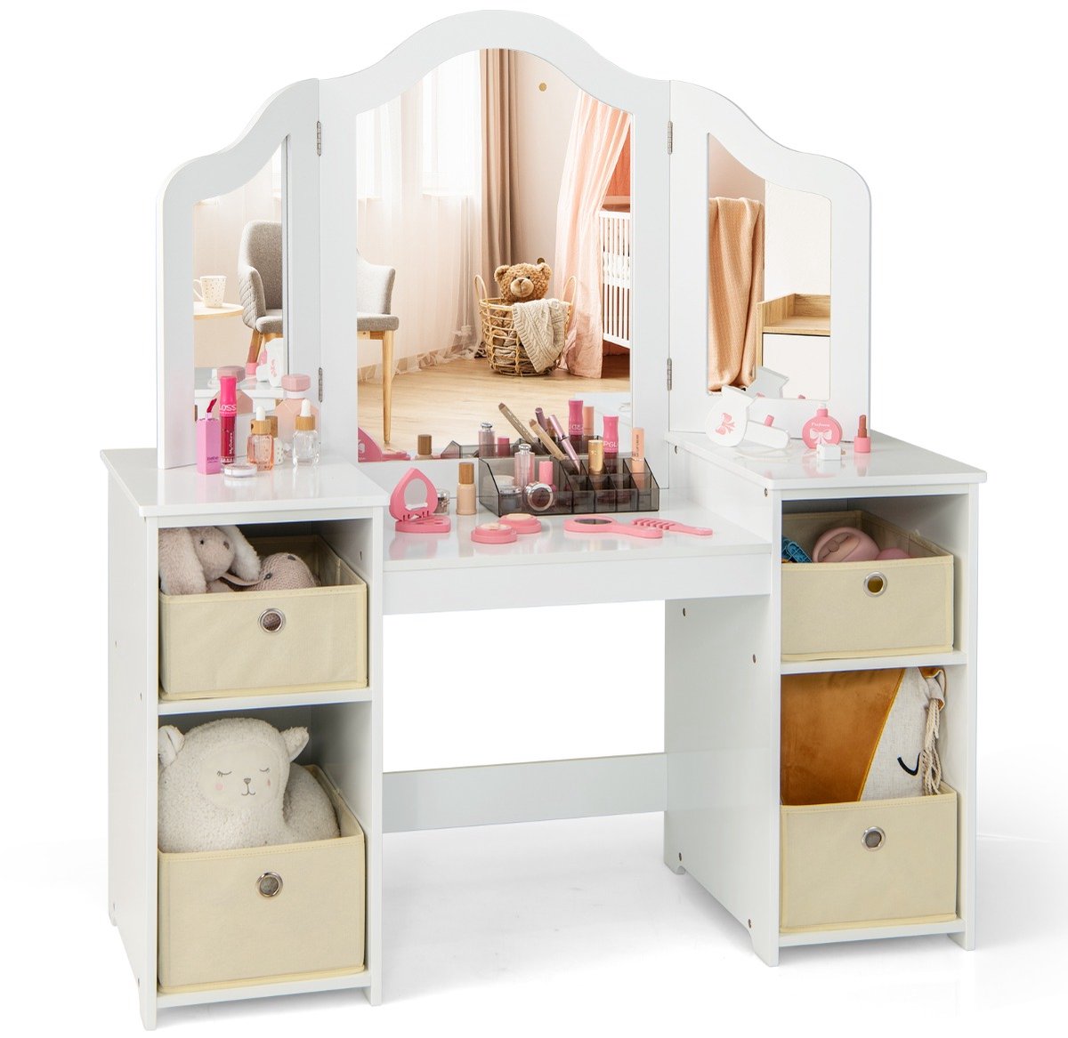 SureDeal® - Kaptafel - Kinderkaptafel - Afneembare Driewegspiegel Make - Vakken - Stoffen Opbergbakken - 104x40x117 cm - Wit