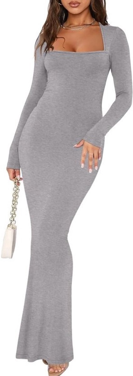 Dames Sexy Vierkante Hals Lange Mouw Jurk – Zachte Bodycon Maxi voor Herfst