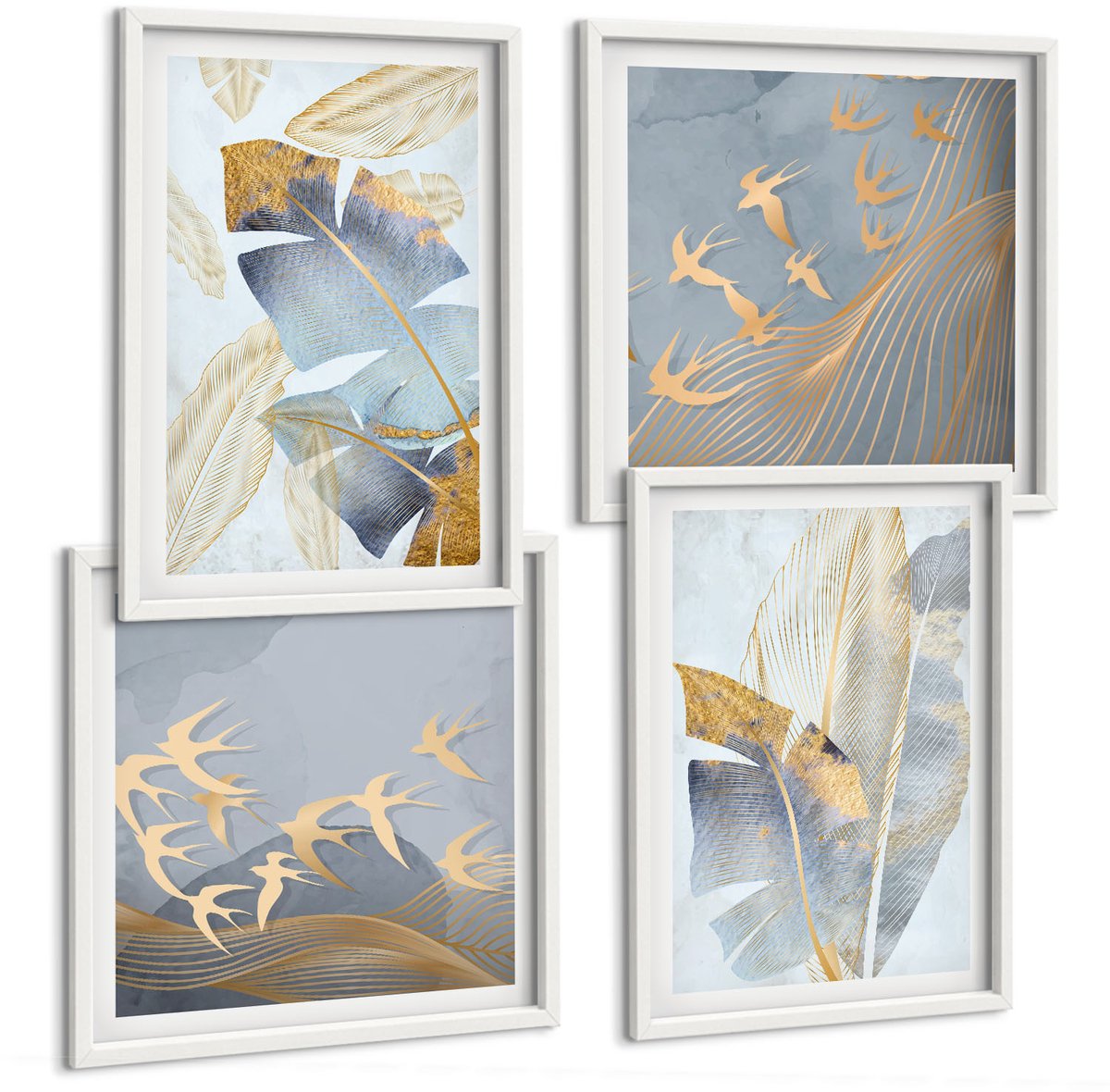 Wallfluent 4-Delige Schilderij Set - Bladeren In Blauwe En Beige Tinten Op Een Lichte Achtergrond. - 40 x 40 En 40 x 60 - Stijlvolle Muurdecoratie - Kantoor - Wanddecoratie