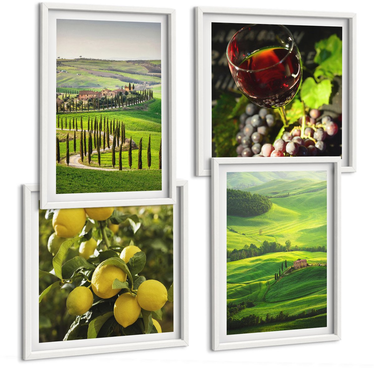 Wallfluent 4-Delige Schilderij Set - Italiaanse Landschappen Met Citrusbomen En Groene Heuvels - 40 x 40 En 40 x 60 - Muurdecoratie - Schilderijen Set - Woonkamer - Decoratieve Schilderijen