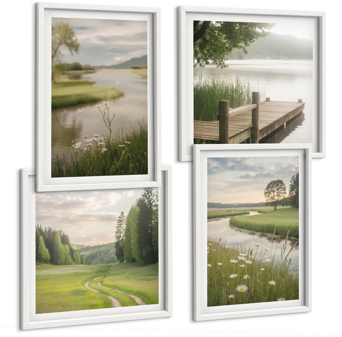 Wallfluent 4-Delige Schilderij Set - Vreedzame Zomerlandschappen Met Een Rivier En Een Bloemenweide - 40 x 40 En 40 x 60 - Stijlvolle Muurdecoratie - Kantoor - Wanddecoratie