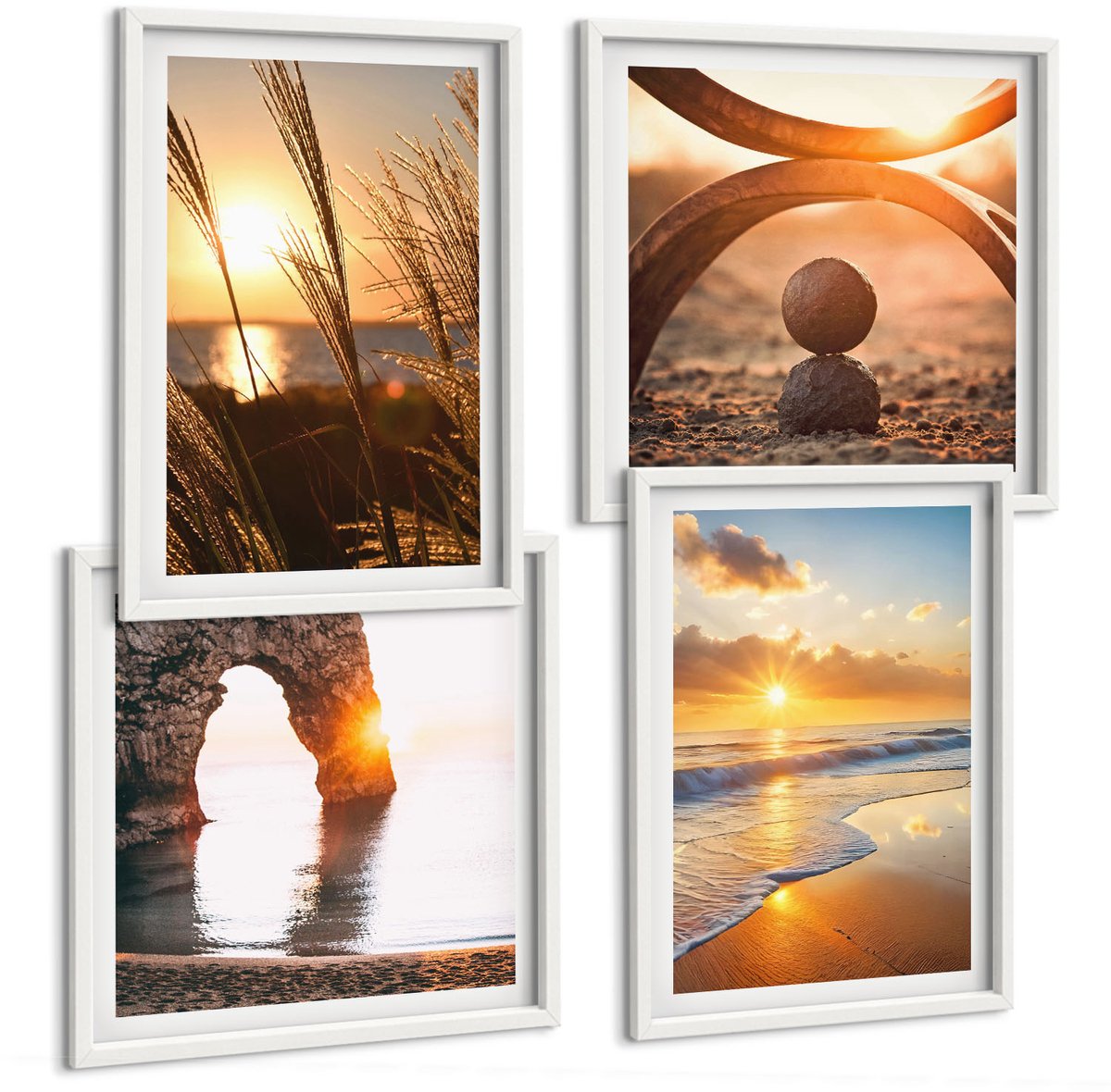 Wallfluent 4-Delige Schilderij Set - Vredige Landschappen, Zonsondergang Op Het Strand - 40 x 40 En 40 x 60 - Wanddecoratie - Muurdecoratie - Moderne Interieurdecoratie - Stijlvolle Muurdecoratie