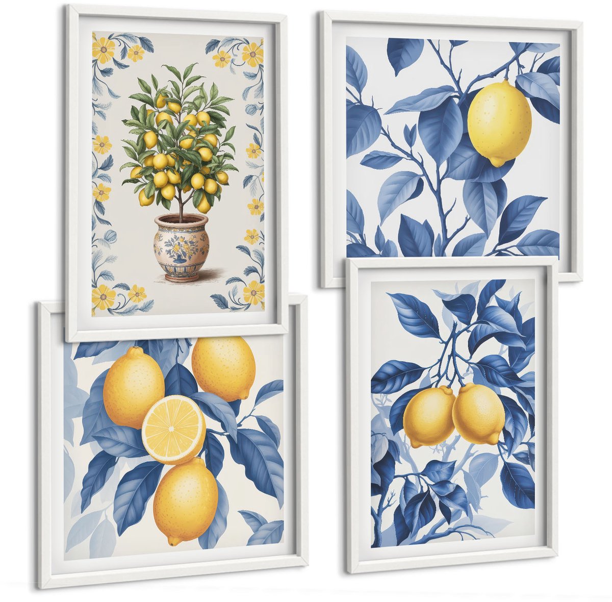 Wallfluent 4-Delige Schilderij Set - Citroenen Aan Takken Met Blauwe Bladeren. - 40 x 40 En 40 x 60 - Wanddecoratie - Muurdecoratie - Moderne Interieurdecoratie - Decoratieve Schilderijen