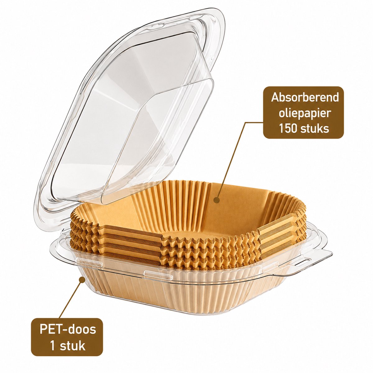 Kaiyaya - 150 stuks Airfryer bakpapier - Dik en groot - Met PET bewaardoos - Voor 3-6L - Naturel bruin, 20x20 cm