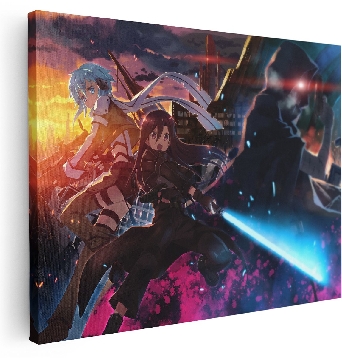 Artaza Canvas Schilderij Anime Krijgers - 160x120 cm - Groot - Wanddecoratie Lichtzwaard - Muurdecoratie Jongenskamer - Schilderijen Op Canvas Stad