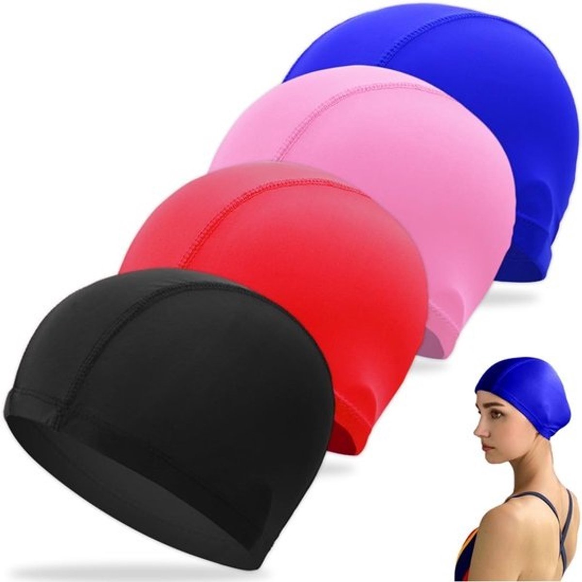 Pack van 4 Zwemcaps voor Volwassenen en Kinderen - Super Elastisch en Lichtgewicht (Zwart, Blauw, Roze, Rood)