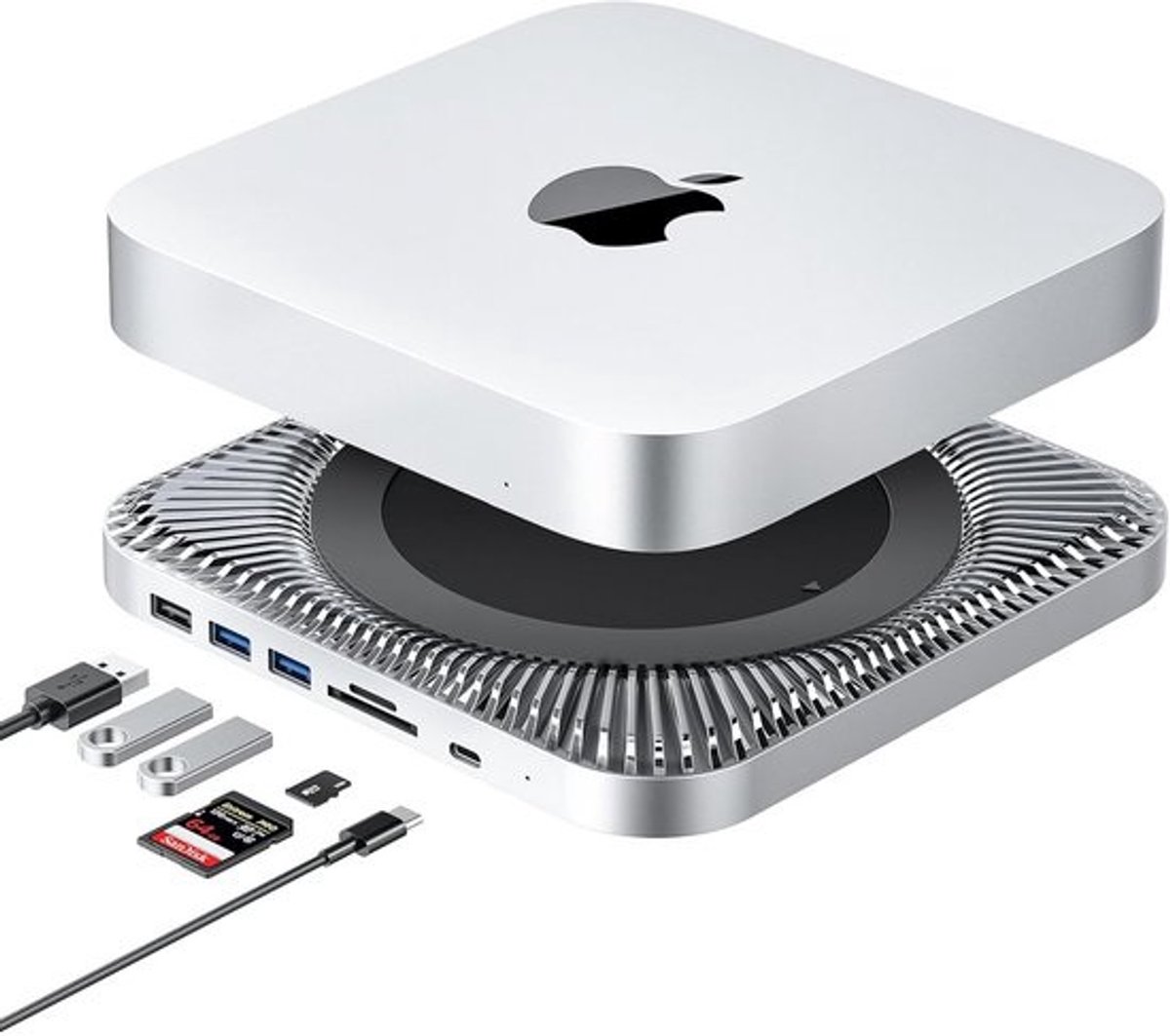 Mac Mini Hub en Type-C Stand met SSD Behuizing - Staandhouder voor Mac Mini M1/M2 met USB-C en SD/MicroSD Lezer