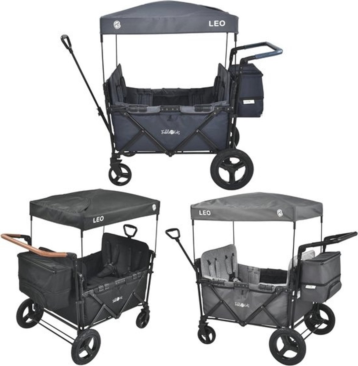 FableKids Volgwagen Leo X4Plus met dak | Opvouwbare transportwagen | Belastbaar tot 20 kg per zitplaats | 4X 5-puntsgordel | 360° Offroad wielen | Oxford 600D| Ventilatiematten | Blauwbessenblauw