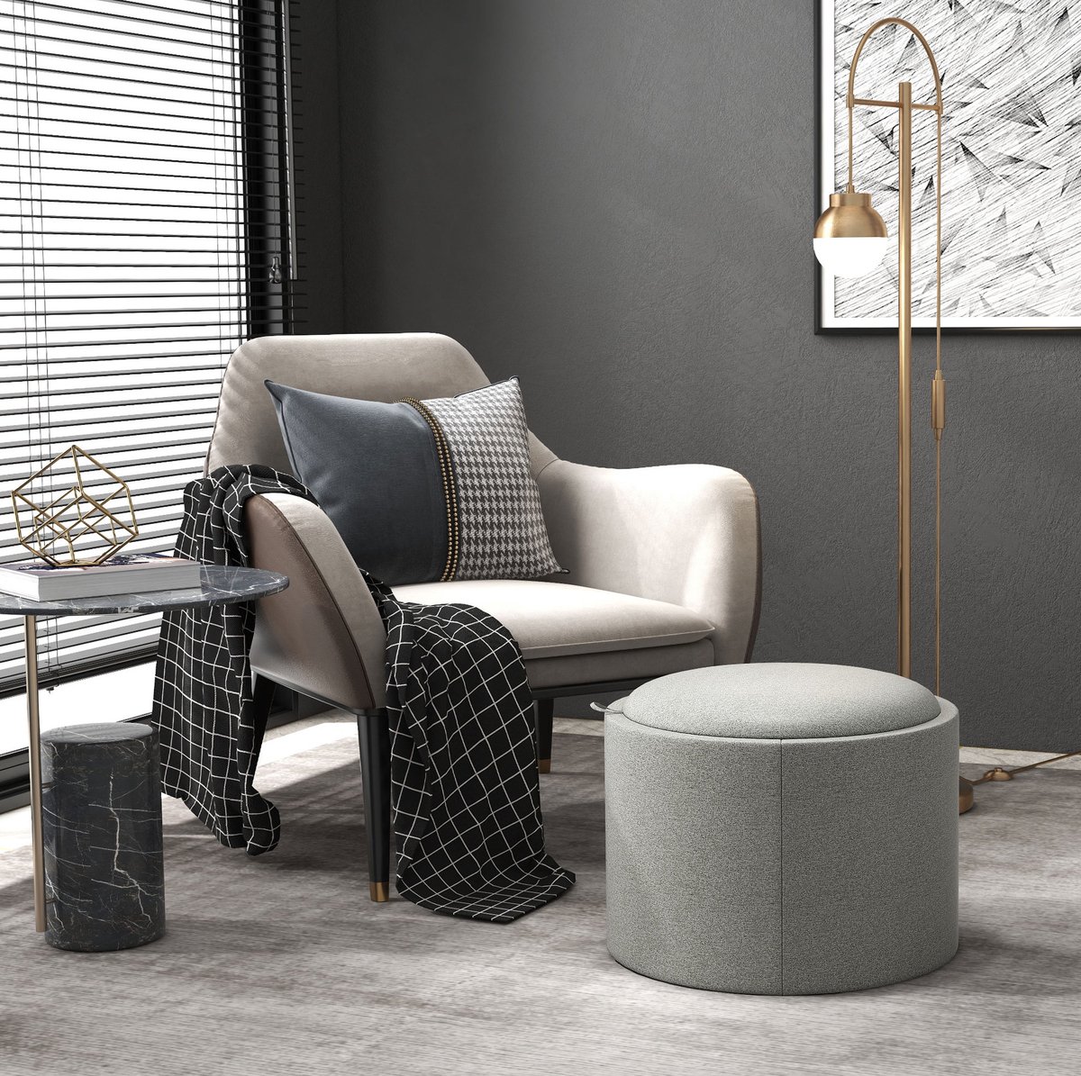 COVREO Poef 56 x 56 x 42 cm grijs stof - rond - opbergruimte - zonder montage