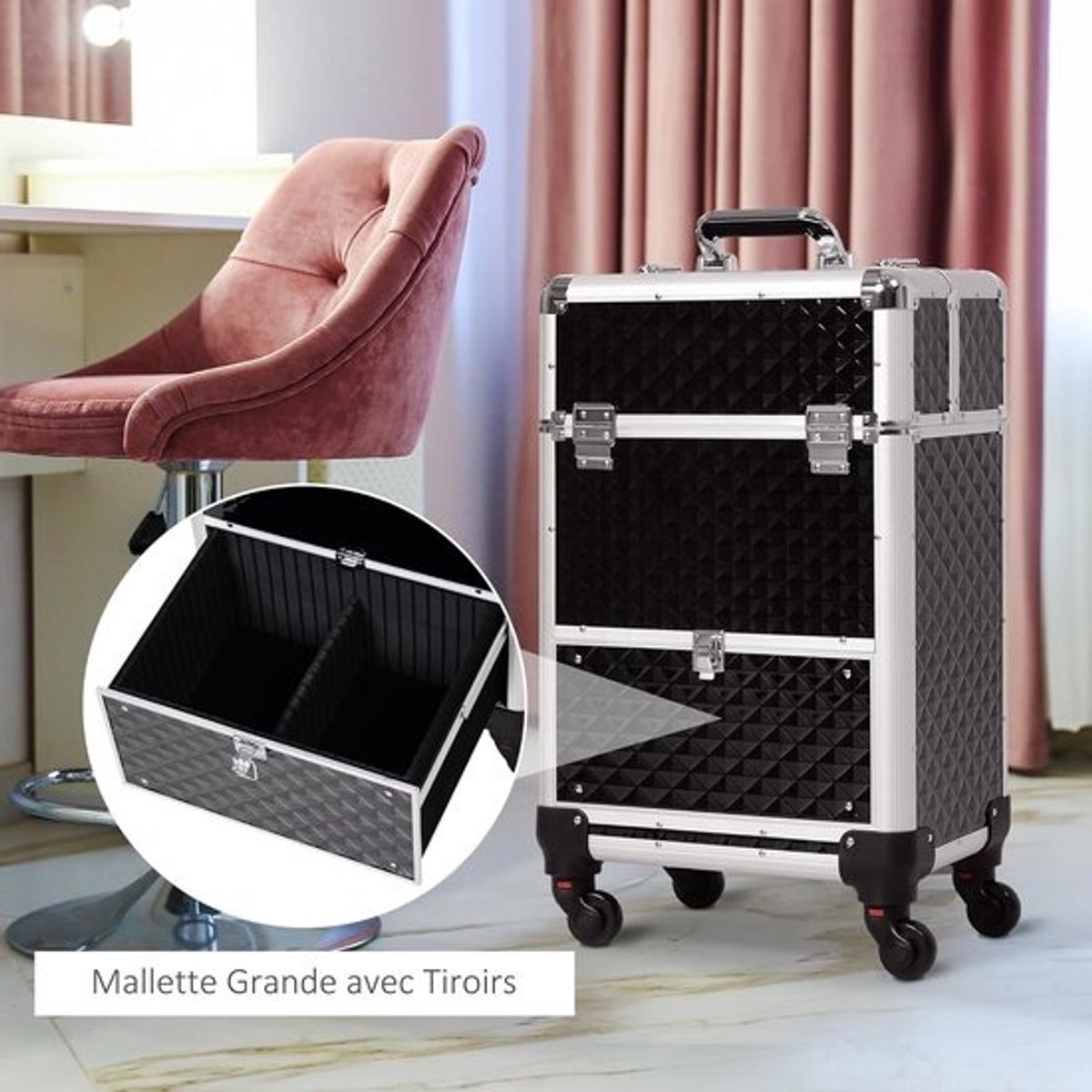 Cosmetica opbergtrolley met verstelbare telescopische handgreep en wielen - Ideaal voor make-up en sieraden