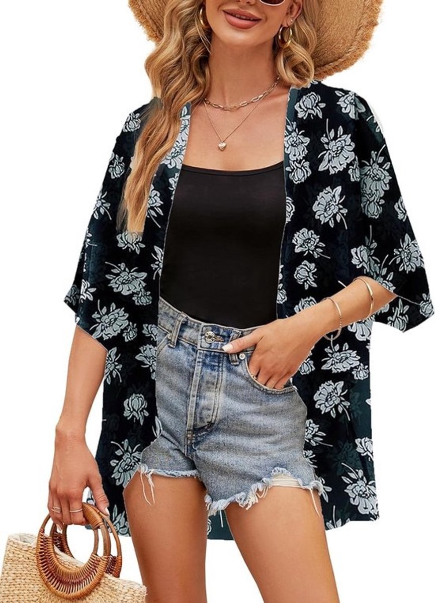 Casual Bloemen Korte Mouw Chiffon Kimono Sjaal Blouse Top voor Dames