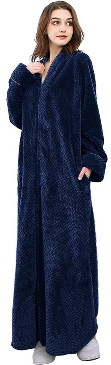 Warme dames fleece badjas met ritssluiting - Lange pluchen ochtendjas