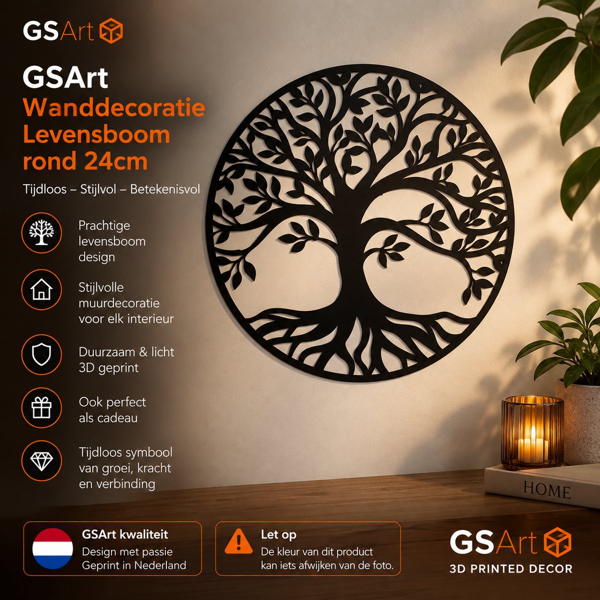 GSArt Wanddecoratie Levensboom Rond 24 cm – Muurdecoratie Tree of Life – 3D Geprint - Mat Zwart