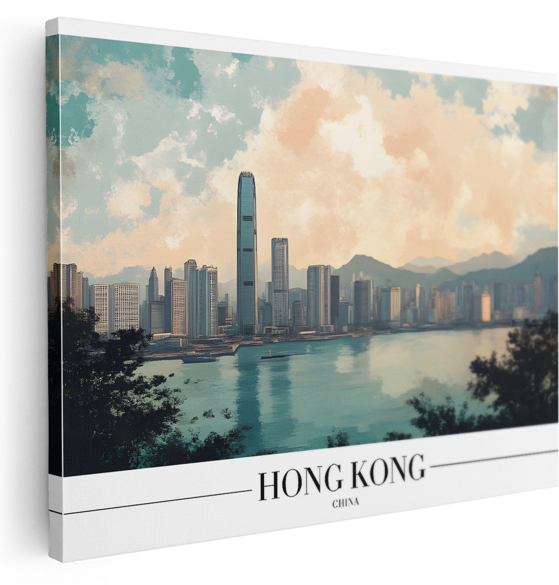 Artaza Canvas Schilderij Hong Kong - 160x120 cm - Groot - Wanddecoratie Skyline China - Muurdecoratie Landschap - Schilderijen Op Canvas