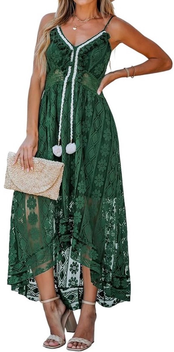 Maxi Jurk Dames Mouwloos V-Hals met Ruches en Strikdetails