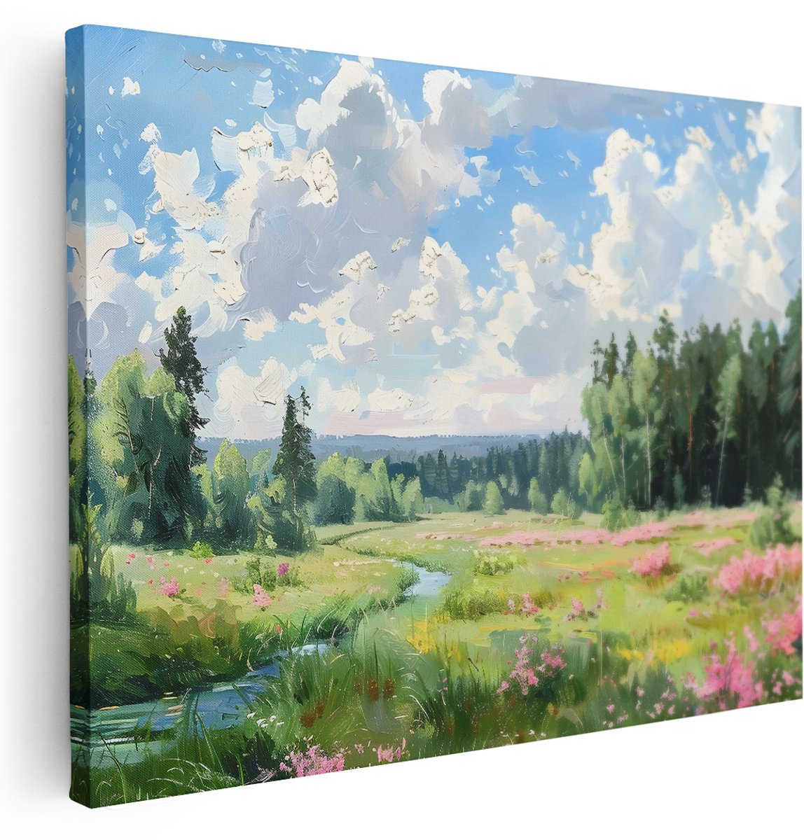 Artaza Canvas Schilderij Bloemenveld - 160x120 cm - Groot - Wanddecoratie Natuur Landschap - Muurdecoratie Bos - Schilderijen Op Canvas Roze