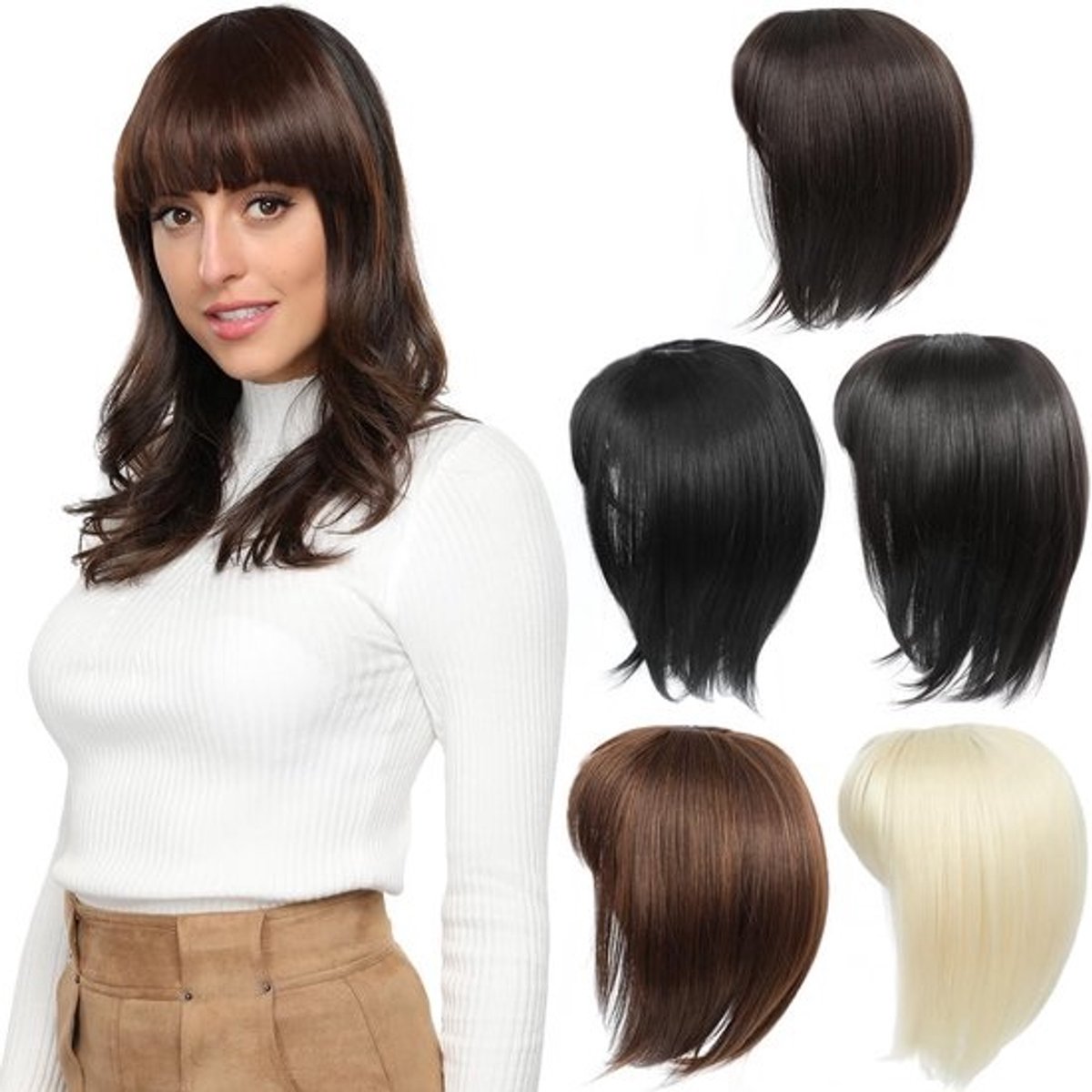 Synthetisch Haarstuk met Pony voor Volume en Dichtheid, Schouderlengte Donkerbruin Synthetisch Haar