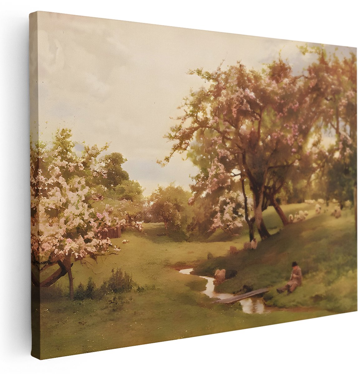 Artaza Canvas Schilderij Natuur - 160x120 cm - Groot - Wanddecoratie Landschap Bloesem - Muurdecoratie Schapen - Schilderijen Woonkamer Romantisch