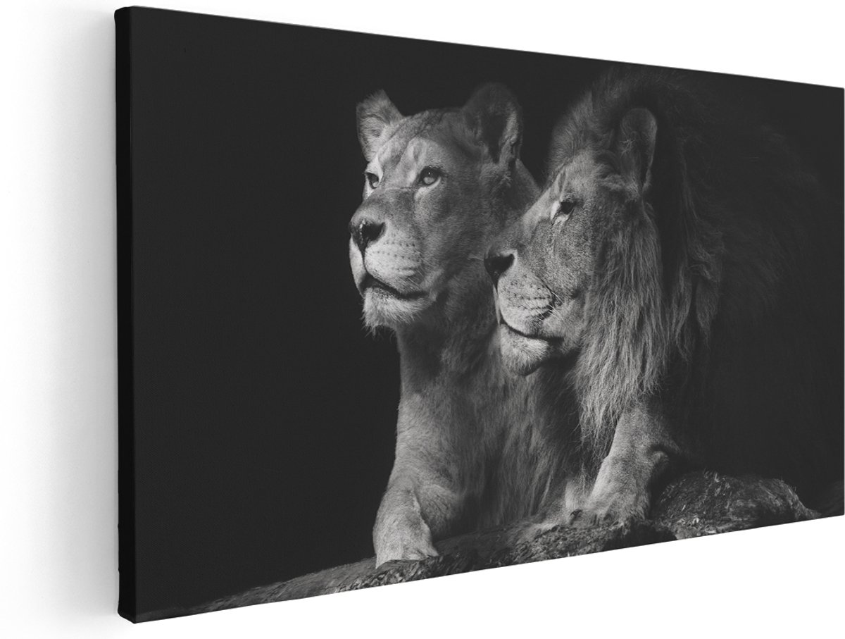 Artaza Canvas Schilderij Leeuw En Leeuwin - Zwart Wit - 180x90 cm - Groot - Wanddecoratie Woonkamer - Schilderijen - Muurdecoratie