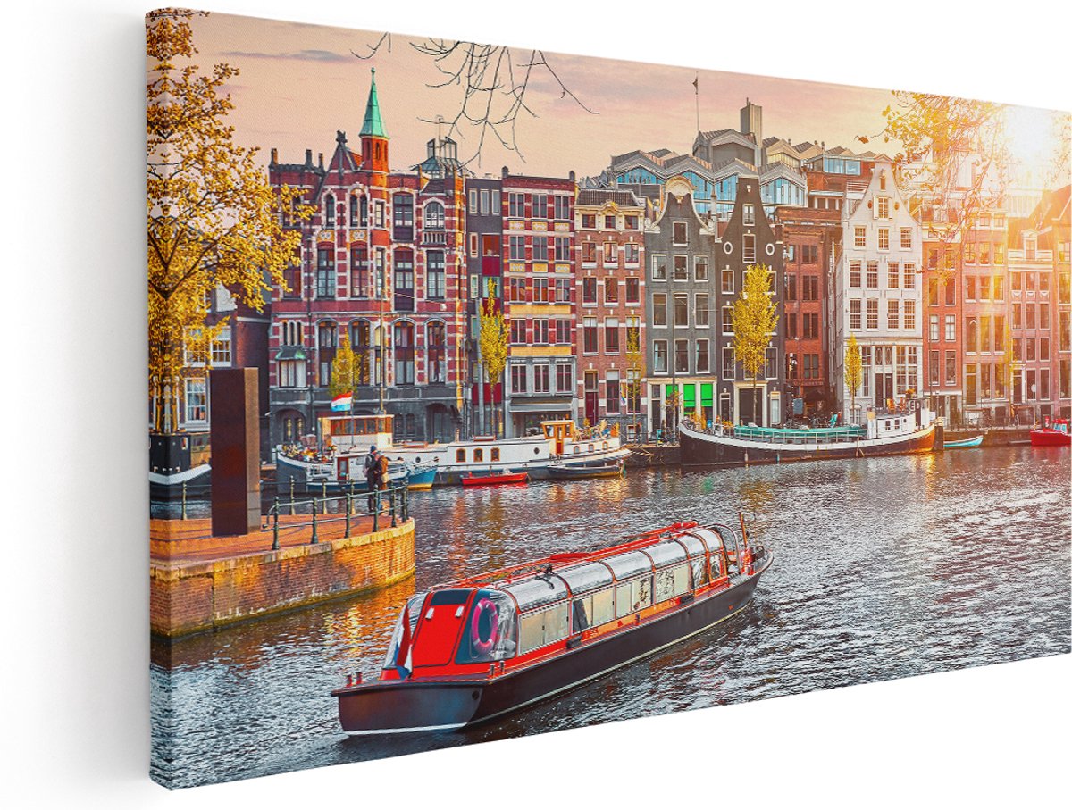 Artaza Canvas Schilderij Amsterdamse Huisjes Vanaf De Grachten - 180x90 cm - Groot - Wanddecoratie Woonkamer - Schilderijen - Muurdecoratie
